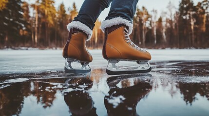 Ice Skater Gliding on Frozen Lake at Golden Hour