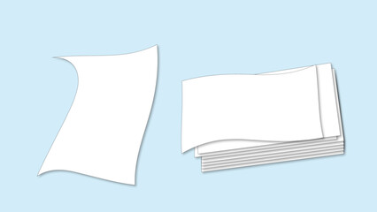 A white curved sheet and a stack of blank sheets of paper with the first bent sheet on a blue background.