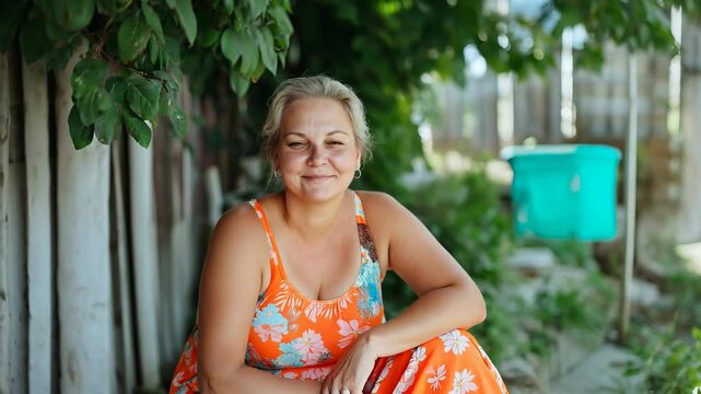 Chubby voluptuous mature wife posing at her home backyard looking at the camera	