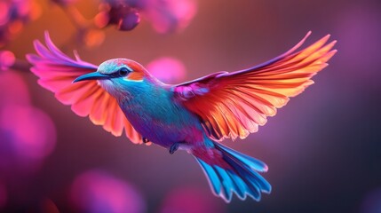 Obraz premium A bright, multi-colored bird captured mid-flight against a background of swirling warm hues, evoking a sense of freedom, vitality, and the natural beauty of avian life.