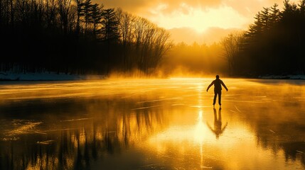 Ice Skater Gliding on Frozen Lake at Golden Hour