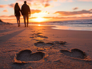 Diverse couple sharing a sunset picnic on the beach with heart-shaped footprints in the sand