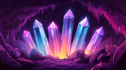 Crystal cave with glowing crystals and strange atmospheric effects, luminous, divine, crystals. Ethereal Cave. Illustration