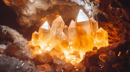 Crystal cave with glowing crystals and strange atmospheric effects, luminous, divine, crystals. Ethereal Cave. Illustration