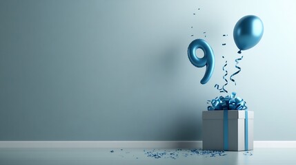 Blue Balloon Nine Birthday Gift Box Surprise. AI Generated
