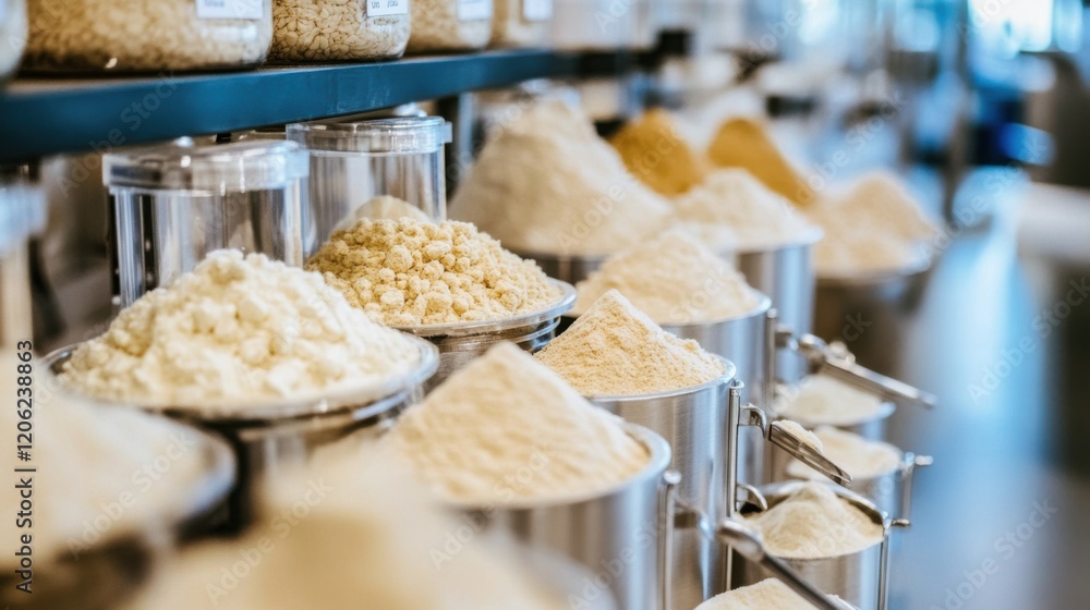 Aufkleber various types of flour displayed in transparent containers at a modern bakery setting