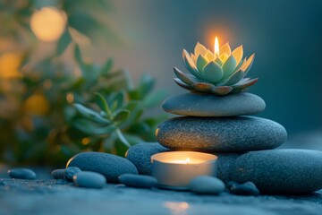 Tranquil arrangement of stones and succulent with a glowing candle in a serene setting