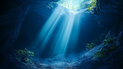 Obraz premium The rays of moonlight filter through a cave entrance, casting an ethereal glow on the surrounding environment, moonlight, mysticism, enchantment. Ethereal Cave. Illustration