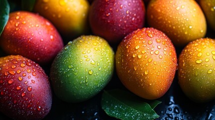 Obraz premium A collection of vibrant, ripe mangoes, glistening with dewdrops, captured in natural light, showcasing their fresh, juicy appeal and colorful allure.