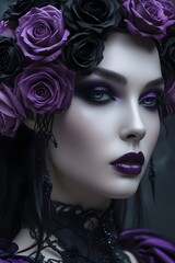 Naklejka premium A close-up portrait of a woman with dark makeup, a purple lip, and a crown of black and purple roses.