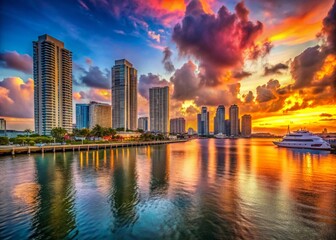 Fototapeta premium Miami Beach Waterfront Buildings at Sunset, Port of Miami Architectural Photography