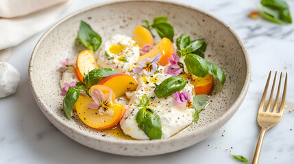 Burrata with Peach and Basil Salad