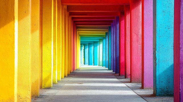 This image features a visually striking corridor with bright rainbow-colored walls in a perspective view that leads the viewer's eye into a creative colorful space.
