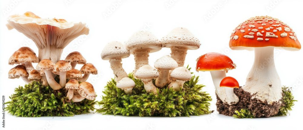 Poster unique textures of various mushrooms showcasing different colors and shapes