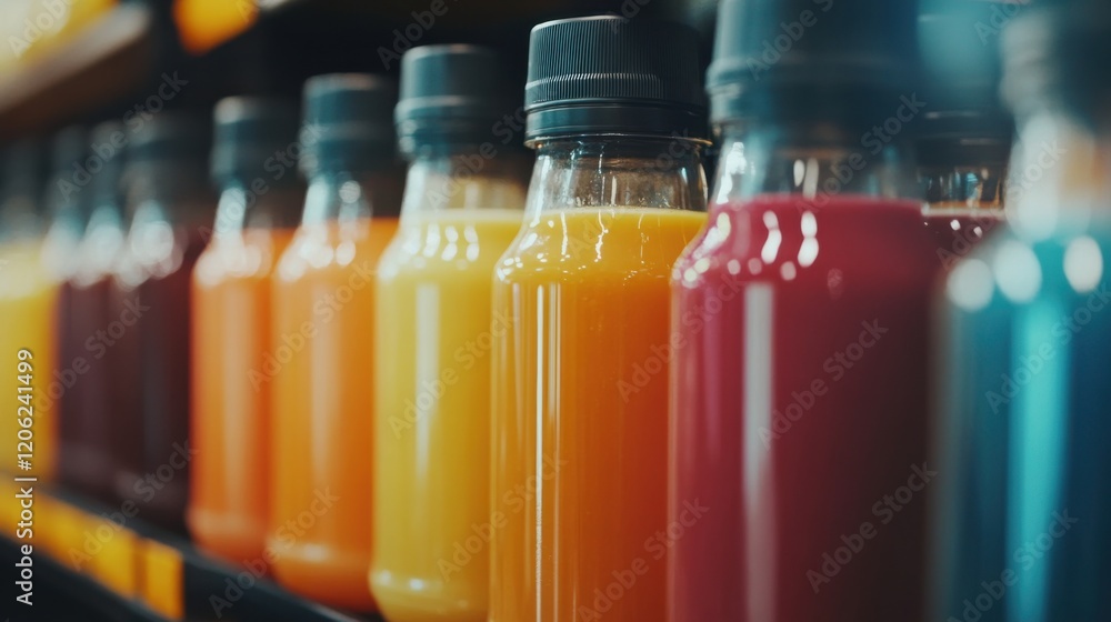 Poster colorful assortment of juice bottles displayed on a shelf in a vibrant store setting