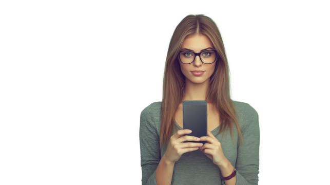 Woman wearing glasses holding mobile phone, smiling, isolated on transparent background