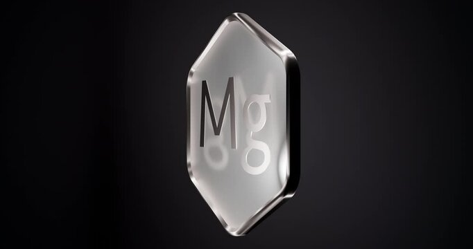magnesium symbol - mg on a rotating hexagon made of frosted glass on a dark background, magnesium mineral, 3d rendering
