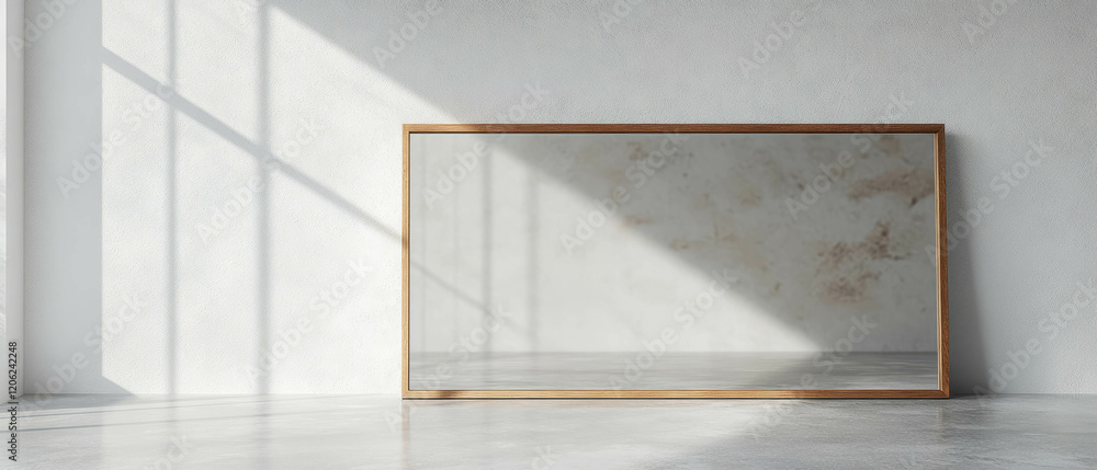 Poster large rectangular mirror with wooden frame reflecting abstract space