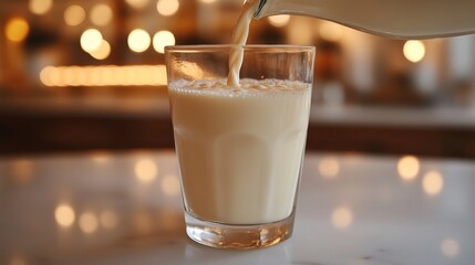 Pouring fresh milk into a glass with a rustic kitchen setting and natural light