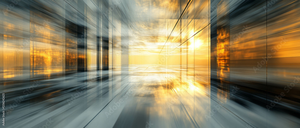 Poster mirrored panels create expansive reflections in a dynamic abstract space at sunset