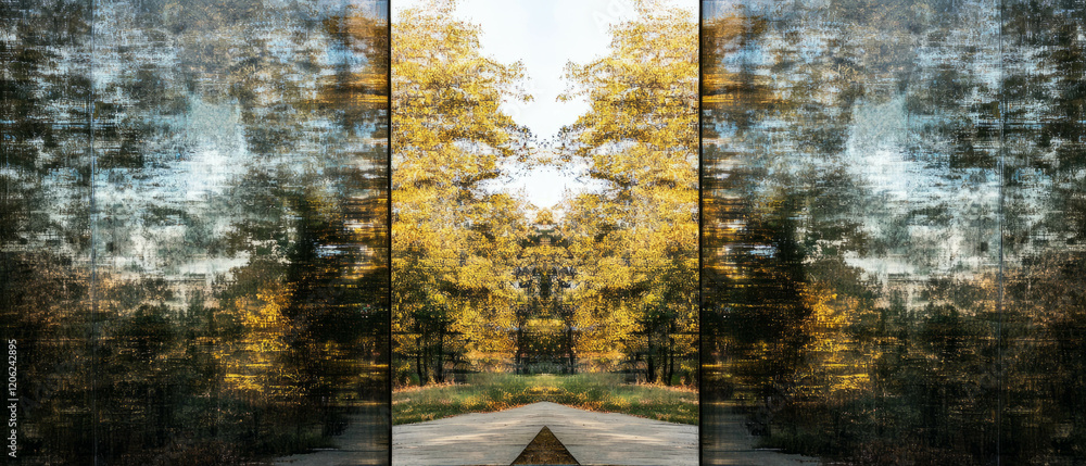 Poster reflections of nature in mirrored windows create captivating abstract views