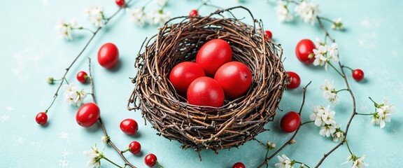 Red Easter eggs in a twig nest surrounded by white blossoms and red berries on a light turquoise background. Spring holiday and Easter celebration concept. For Design, Cover, Poster, Banner.