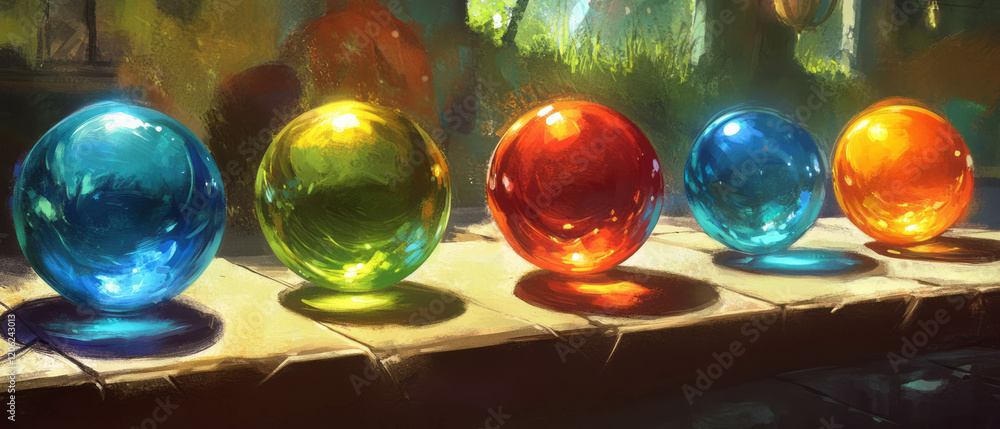 Poster colorful bouncing balls in a casual game art style showcasing shiny surfaces and simple physics