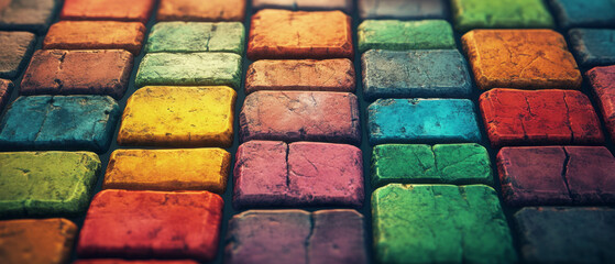 Brightly colored brick texture in casual game art style with varied hues and flat shading
