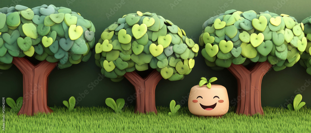 Poster friendly trees with happy faces in a colorful, casual game art style setting
