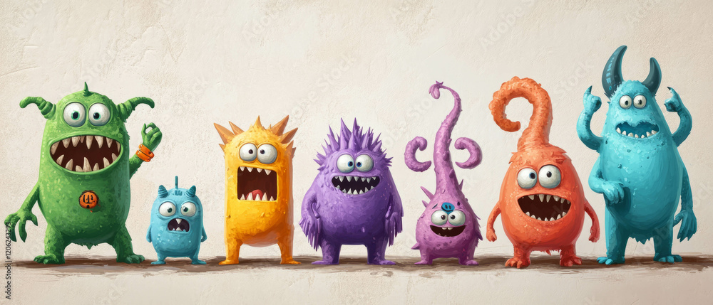Poster cute monsters showcase vibrant colors and simple shapes in a friendly display