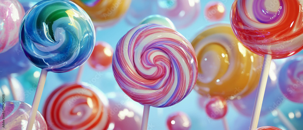 Poster colorful lollipops with swirling patterns and glossy textures create a vibrant visual display