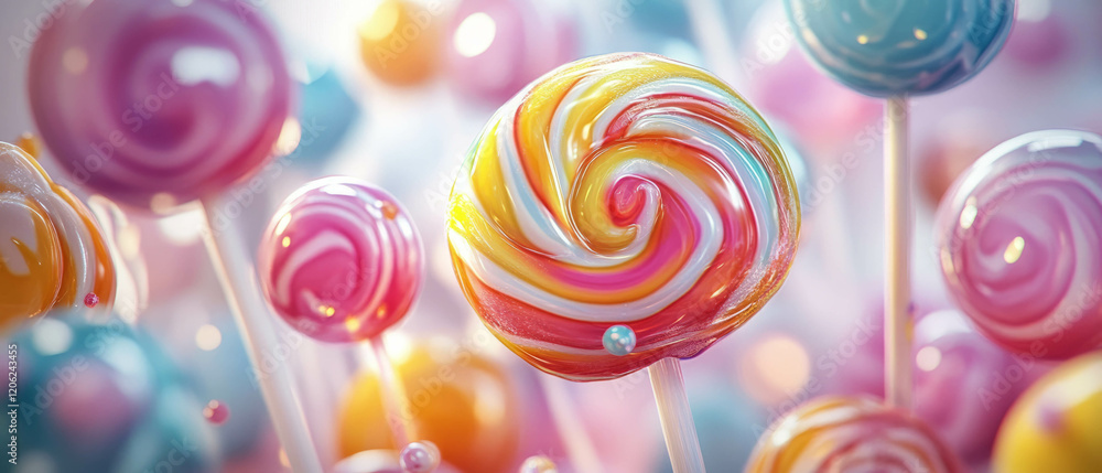Aufkleber colorful lollipops with swirling patterns and shiny textures in a playful game art style