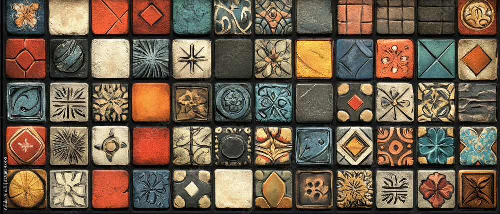 Aufkleber brightly colored matching tiles with varied patterns and simple shapes for casual gaming