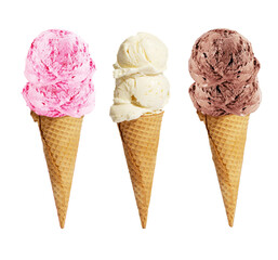 Three vibrant waffle cone ice creams with double scoops: one pink strawberry, one creamy vanilla,...