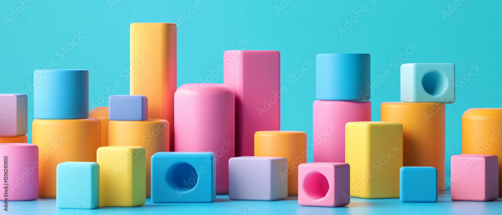 Aufkleber brightly colored toy blocks arranged for stacking and play in a cheerful setting