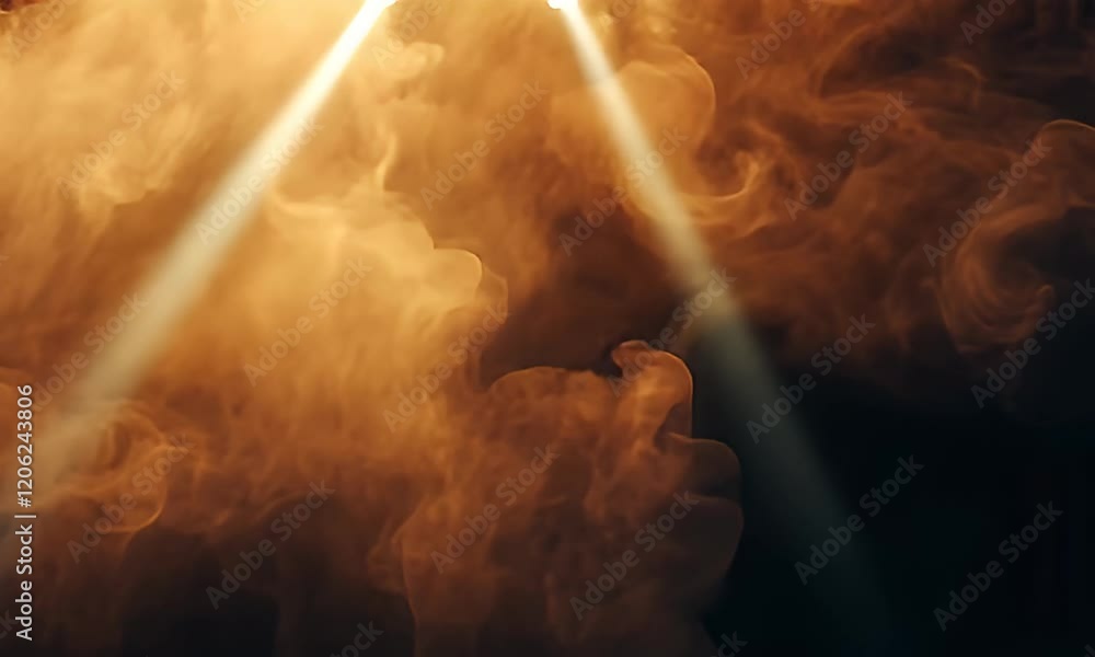 Wall mural ethereal golden light beams piercing through swirling smoke, creating a mystical atmosphere in a dar