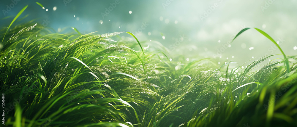 Poster waving grass field with dynamic lighting and a gentle breeze in a casual game art style