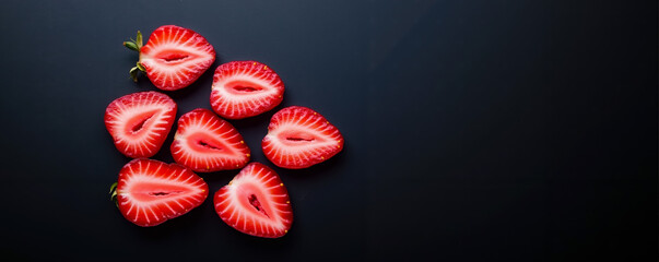 A group of sliced strawberries on a black surface