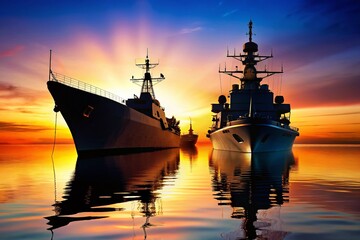 Fototapeta premium Military Destroyer & Transport Ship Silhouettes - Naval Power Stock Photo