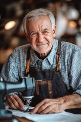 Elderly Craftsman in Workshop Concentrated on Sewing with Vintage Sewing Machine