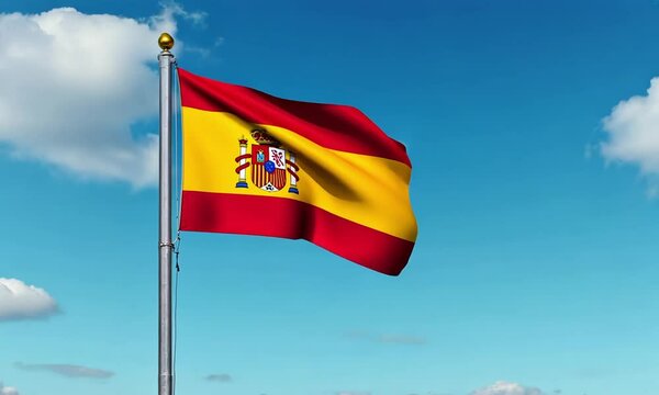 Spain flag HD video. Spain flag on flagpole waving footage