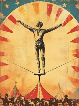 Vintage circus style poster with a tightrope walker