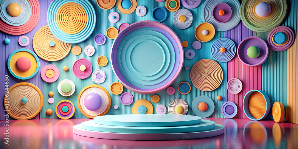Poster vibrant circular patterns on stage wallpaper create a lively backdrop for performances and events in