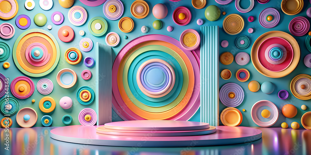 Poster vibrant circular patterns create an eye-catching stage wallpaper design ideal for events and perform