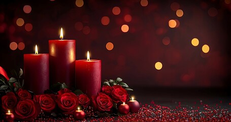 A Valentine decorative arrangement with candles, red ribbons, and a centerpiece of fresh roses, styled in a classic romantic aesthetic with rich hues and soft shadows,