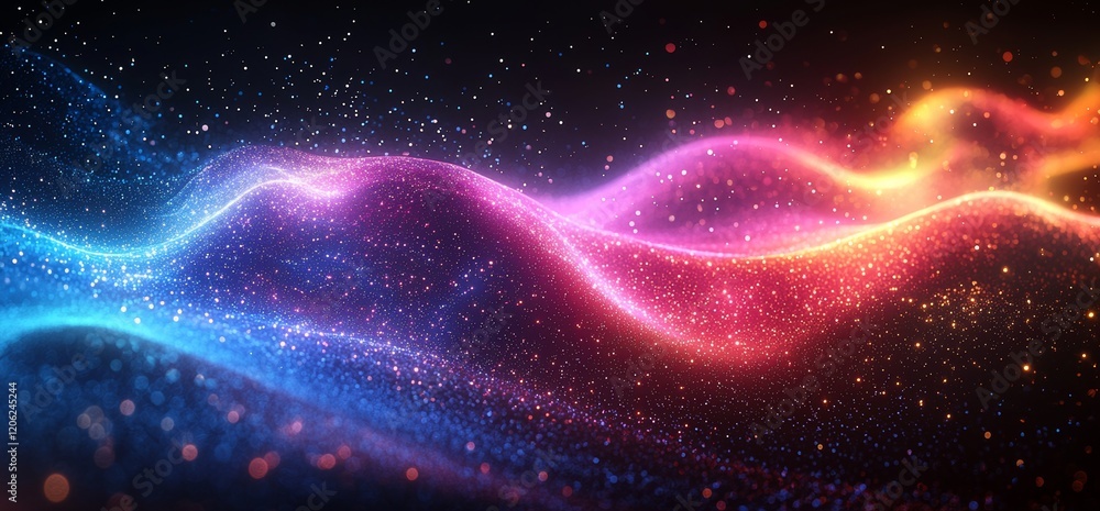 Poster colorful abstract wave design with glowing particles on a dark background
