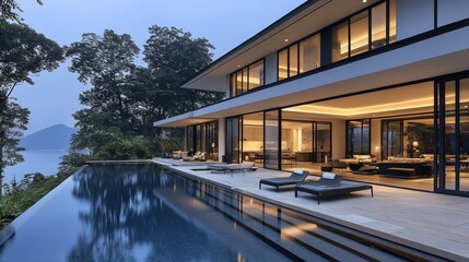 Fototapeta premium Luxurious oceanfront villa with infinity pool at sunset in a tropical paradise