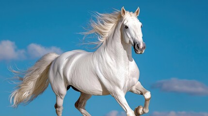 Majestic white horse running, blue sky, clouds, nature