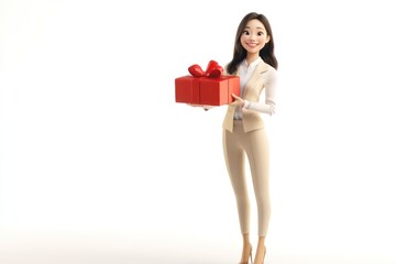 30-year-old Chinese professional woman, 3D character design Cartoon style holding an open red gift box, smiling and standing on the right