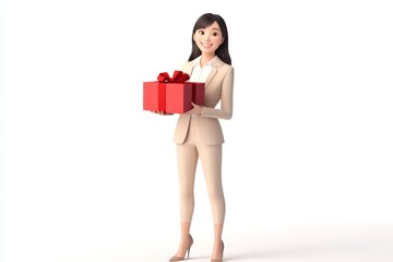 30-year-old Chinese professional woman, 3D character design Cartoon style holding an open red gift box, smiling and standing on the right